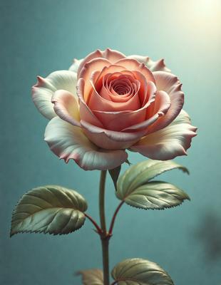 The primary subject of the image is a single pink rose, which is the main focus of the scene. The rose is placed on a blue surface, creating a contrast between the pink hue of the rose and the blue background. The visual style of the image is a close-up of the rose, showcasing its details and texture. The colors and mood of the image are predominantly pink and serene, as the rose is the central element in the composition.